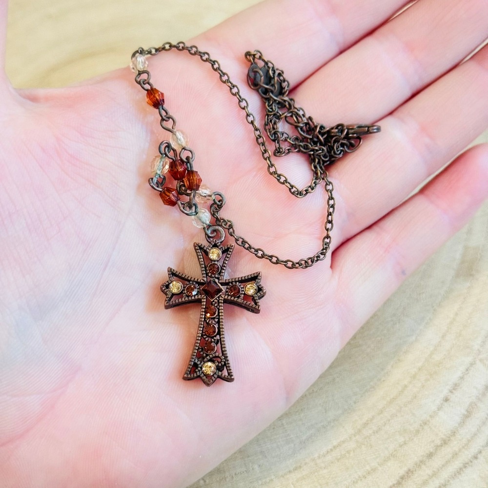 Cross collar Necklace VTG 1928 Co‎ Copper jeweled rhinestone gold tone 19" 90s